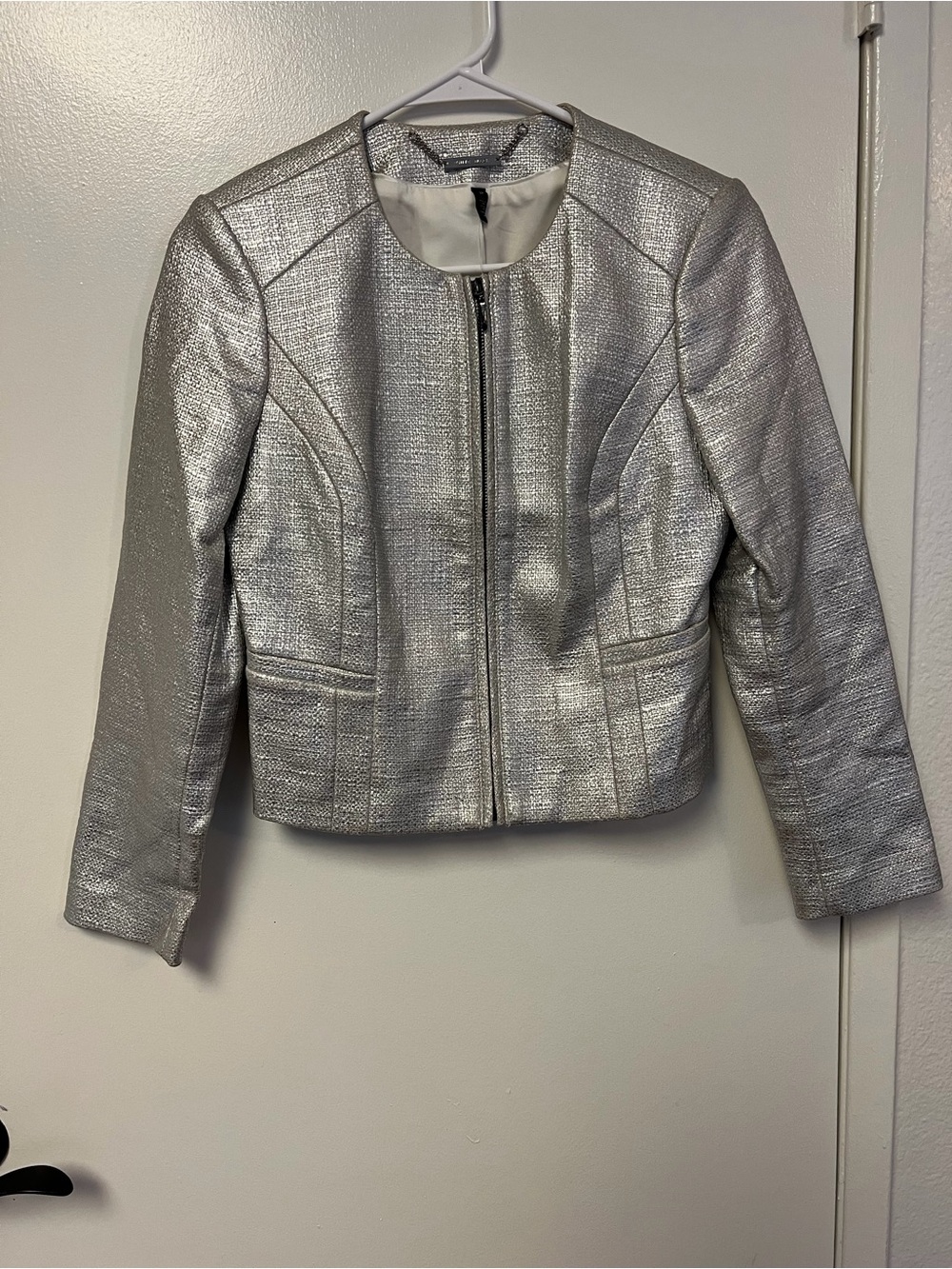 White House Black Market Silver Metallic Zip-Front Blazer